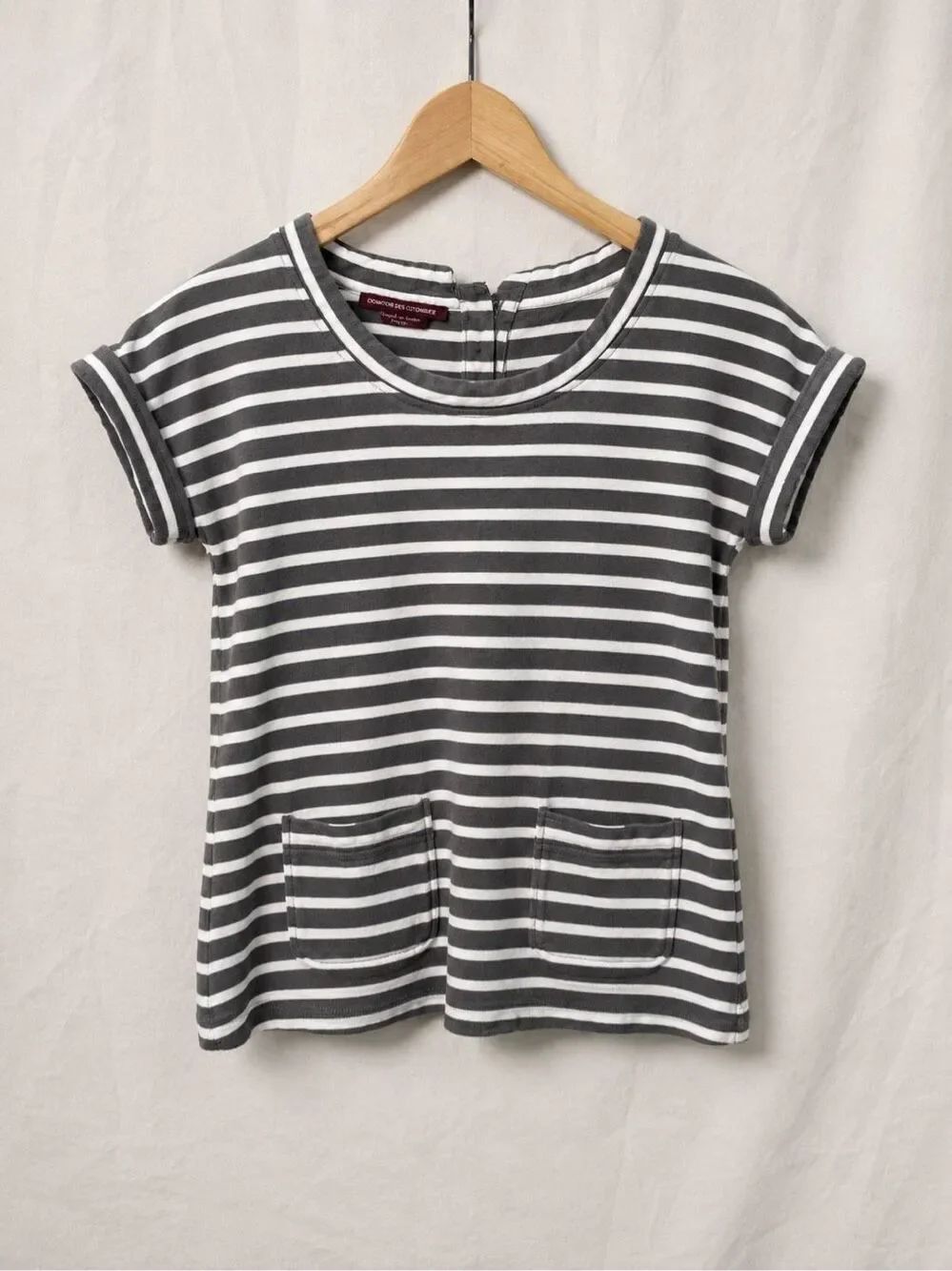 Comptoir des Cotonniers Gray White Striped Pocket Tee Shirt 100% Cotton Sz S